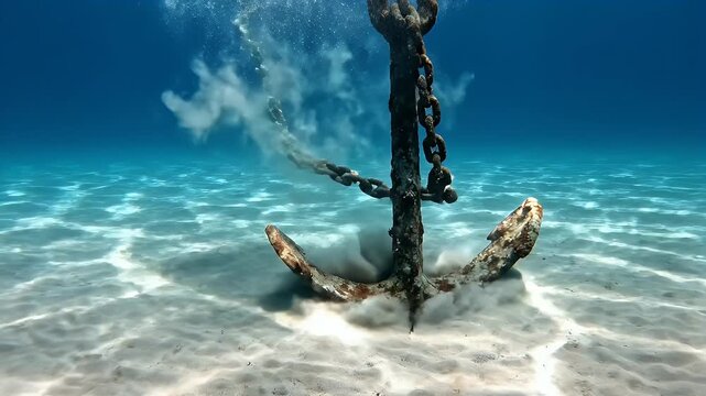 Underwater Anchor Resting on Sea Floor - A rusted anchor is submerged underwater, resting on the sandy sea floor.