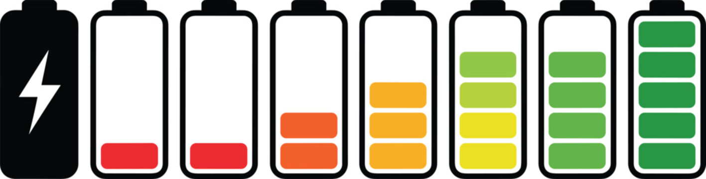 Vector illustration set of battery life indicator icons showing different charging levels from empty red to full green with a black charging symbol.