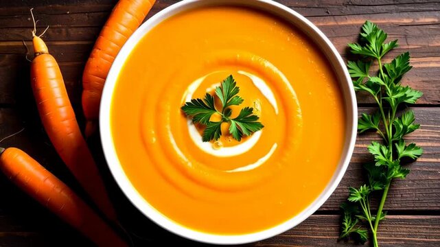 Smooth orange carrot soup with cream swirl and parsley garnish on rustic wooden background