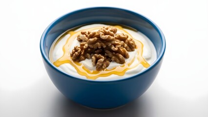 Delicious creamy yogurt with crunchy walnuts and golden honey drizzle in a blue bowl. Perfect healthy breakfast, snack, or dessert. Nutritious and fresh.