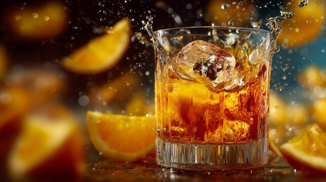 Dynamic Aperol‑style holiday drink exploding with ice and orange peel among blue baubles, perfect for modern party promos.