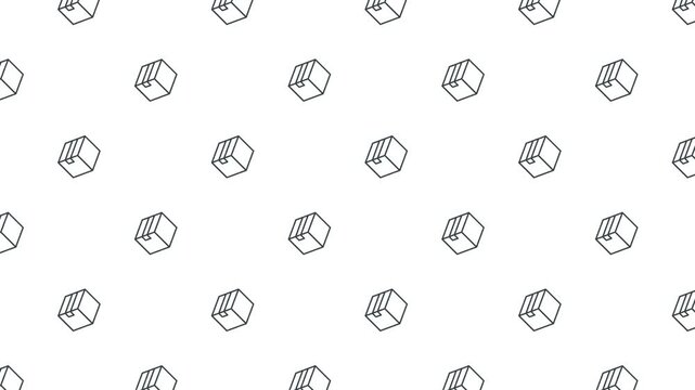 Minimalist 2D animated background featuring seamless pattern of line art shipping boxes. Isometric cardboard packages moving diagonally on a clean white backdrop. Perfect for e-commerce, logistics