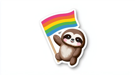Fototapeta premium Cute sloth holding rainbow flag, symbolizing pride and joy. This adorable character brings cheerful vibe to any design
