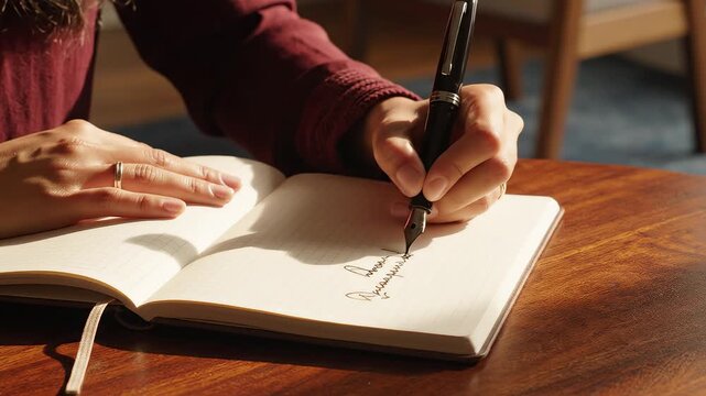Person writing in a notebook with a fountain pen