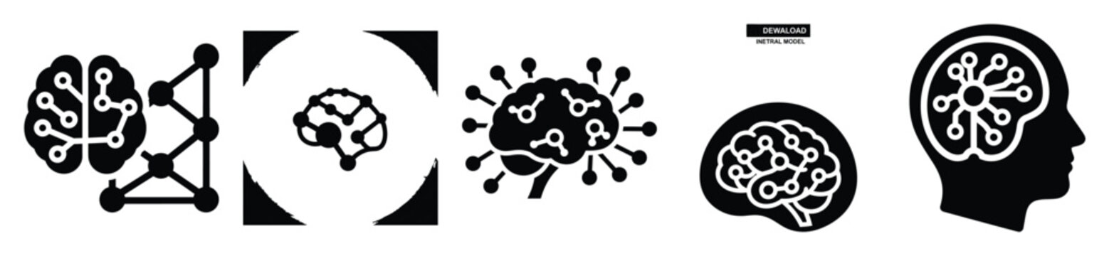 Stylized icon set of a  neural data model on white background. Machine learning silhouette Icons in solid and silhouette versions.