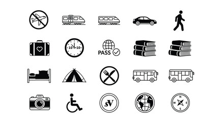 Obraz premium Set of minimalist travel and lifestyle icons featuring transportation modes, time, education, and accessibility symbols