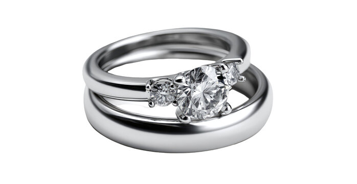 Two matching bands, one with a large center diamond and smaller side stones, elegantly stacked
