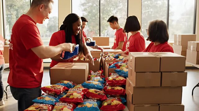 Volunteers Packing Snack Boxes - A diverse group of smiling volunteers wearing red shirts are packing boxes with snacks, chips, and treats for a charitable cause.