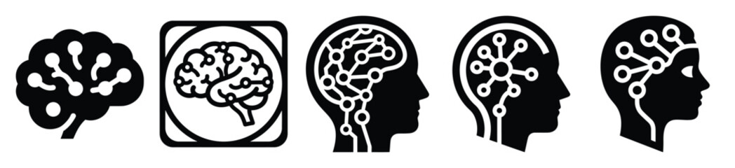 Stylized icon set of a  neural intelligent system on white background. Machine learning silhouette Icons in solid and silhouette versions.