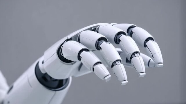 Close view of humanoid robotic hand with articulated fingers and clean design