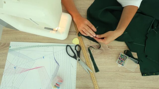 A person marks measurements on dark green fabric using a wooden ruler and yellow chalk, beside a sewing machine and pattern sheet on a wooden table.
