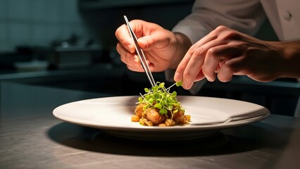Professional chef's hands meticulously plating a gourmet dish with delicate microgreens, showcasing exquisite culinary art and fine dining presentation in a restaurant kitchen.