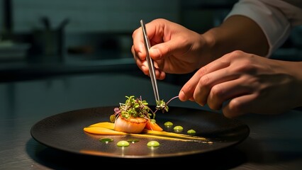 Chef meticulously plates gourmet scallop dish with microgreens, yellow puree, and vibrant green dots. Fine dining culinary art for professional food presentation.
