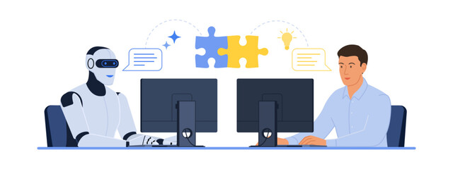 AI robot and corporate businessman working together