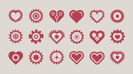 A collection of stylized repeating red icons featuring alternating hearts and mechanical gear shapes on a neutral background high quality professional detailed modern elegant stylish clean