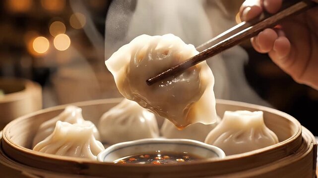 Delicious Steamed Dumpling with Dipping Sauce - A close-up view of freshly steamed dumplings in a bamboo steamer, with one dumpling being held by chopsticks and dipped into a savory sauce.