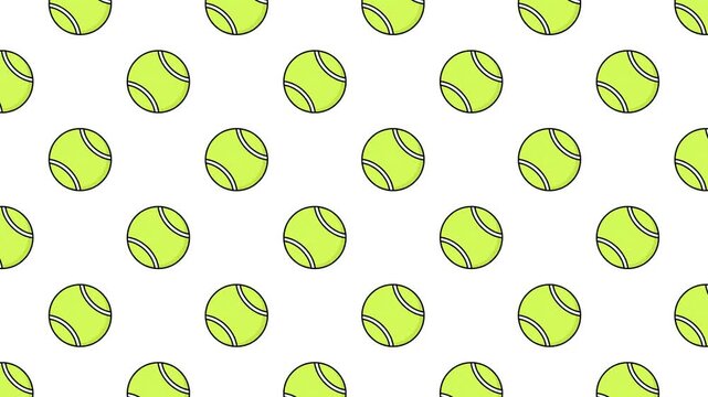Seamless loop of minimalist 2D tennis balls moving diagonally on a white background. Vibrant neon green vector pattern animation for sports-themed projects, fitness backgrounds