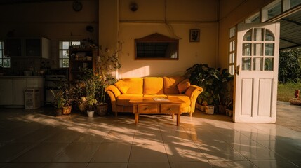 Obraz premium Yellow sofa in sunlit living room interior design and home decor