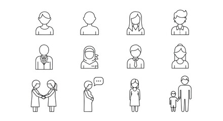 Collection of minimalist vector icons depicting professional roles, daily activities, and diverse human interactions in flat design style