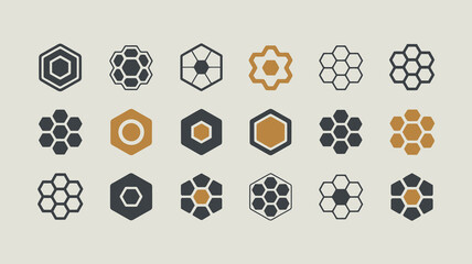An array of geometric shapes featuring hexagonal and floral designs in varying shades of black white and gold high quality professional detailed modern elegant stylish clean