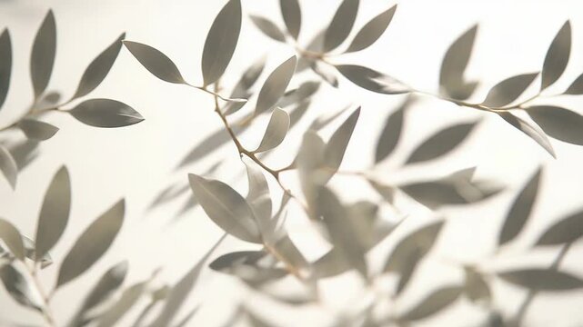 Olive branch shadows cast soft, abstract patterns on a textured light beige wall, evoking minimalist mediterranean calm, natural light, and serene botanical simplicity