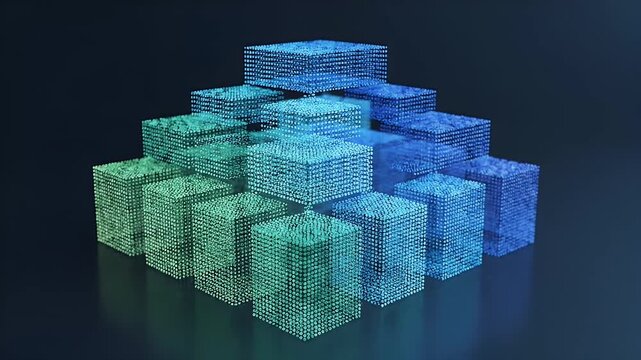 Abstract 3D Digital Cube Composition - This video features an abstract arrangement of translucent cubes composed of numerous small, glowing dots in shades of blue and green.