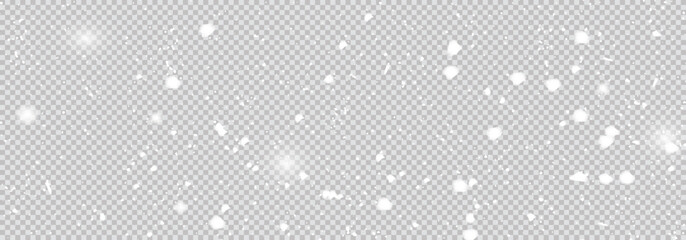 Plakat Random falling snow flakes on a transparent background. Snowfall dust freezes the granules. Snowy landscapes of nature, It's snowing! Falling snowflake
