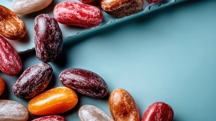 Colorful jelly beans and fruity gummies candy arrangement for delicious treat