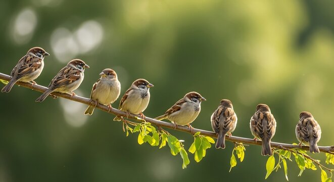 eight sparrows perched on a branch in natural daylight