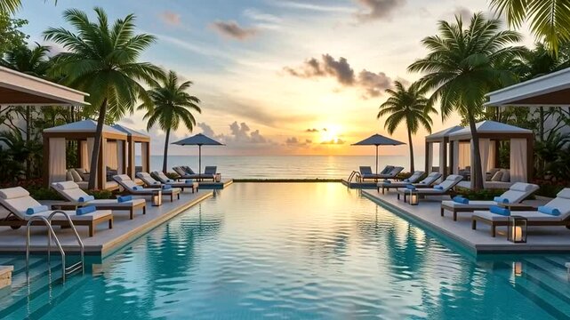 Luxury Resort Pool with Palm Trees at Sunset.