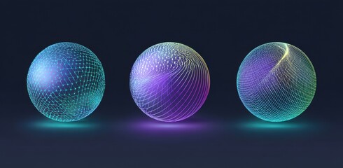 Abstract spheres with interconnected lines, glowing in vibrant colors