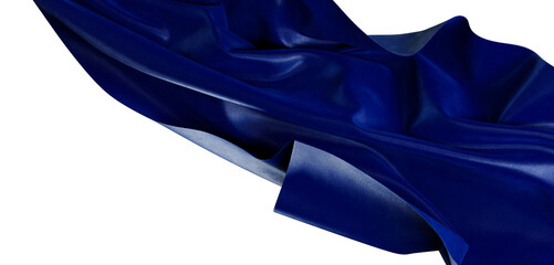A beautiful shot of dark blue fabric flowing gracefully on a white background, perfect for adding...