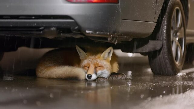 A fox sheltering under a car