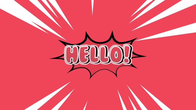 Comic speech bubbles hello text animation with speed line background