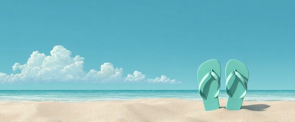Turquoise flip-flops on a sandy beach under a clear blue sky
