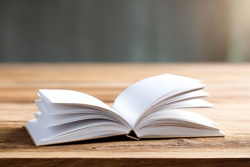 Naklejka premium Opened Book on Wooden Table Reveals Blank Pages for Creative Storytelling