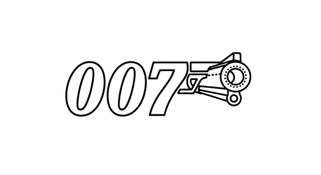 Stylized number 007 with gun barrel viewfinder design symbolizing secret agent theme in monochrome illustration