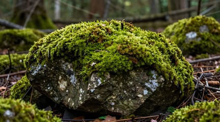 Obraz premium Moss covered rock sitting on forest floor in a natural woodland setting