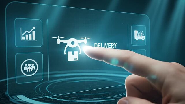 Futuristic digital interface touch screen showing delivery and transportation options with glowing and data analytics graph