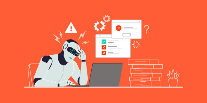 Stressed malfunctioning AI robot unable to complete his tasks