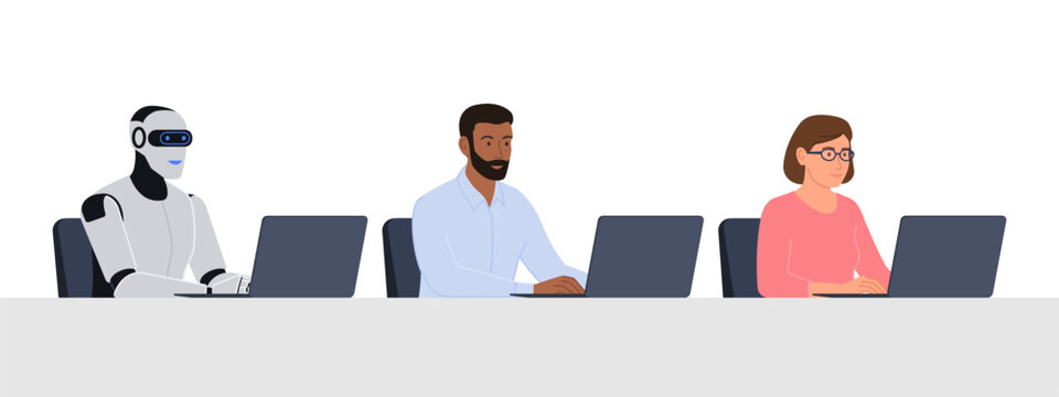 Humanoid AI robot and people working with computers