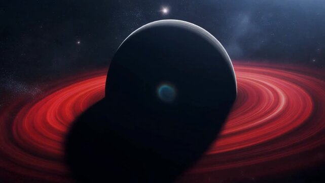 Black hole shadow casting distortion across cosmic dust field, faint blue and red Doppler shift, 8K, 2026