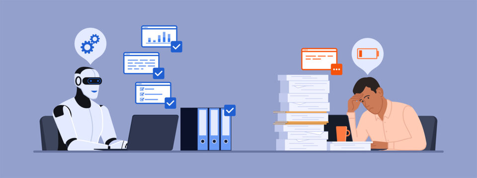 Efficient AI robot completing his tasks and exhausted office worker