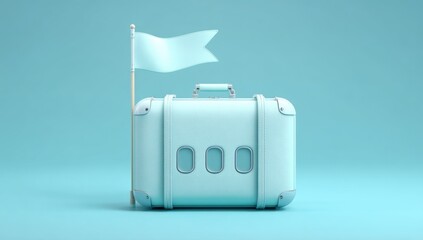 Pastel suitcase with flag on light blue background