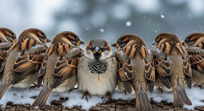 house sparrows huddle together on snow-covered log in winter snowfall