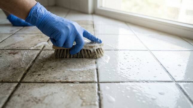 A cleaner wearing blue gloves scrubs a wet, glossy tile floor with a bristle brush, spreading cleaning solution across grout lines and dirt for a refreshed finish.