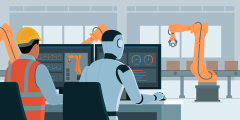 Predictive maintenance engineer and AI robot checking data at the factory