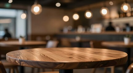 Round wooden table awaits patrons in a warmly lit, blurred restaurant scene