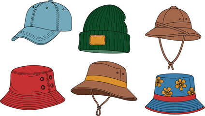 Collection of flat vector illustrations featuring various headwear styles including baseball cap, winter beanie, outdoor sun hats, and trendy floral patterned summer bucket hats © Tanzila