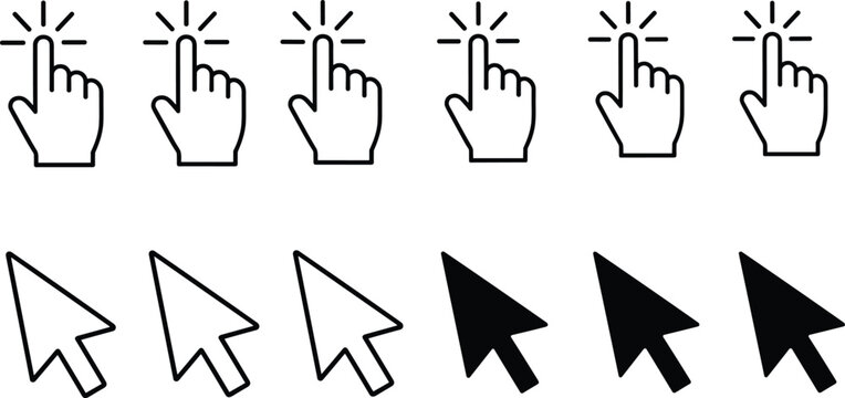 Click and cursor icons set with hand pointer and arrow mouse symbols, user interface interaction elements illustration isolated on white background for web and app design